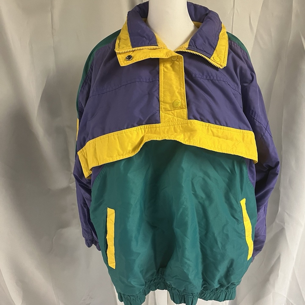 Vintage 80s Teal Purple Yellow Women's Ski Snow Jacket Hidden Hood 1/4 Snap M